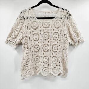 Solitaire Medallion Scalloped Hem Cream Crotchet Knit Circular Print Top Size XL